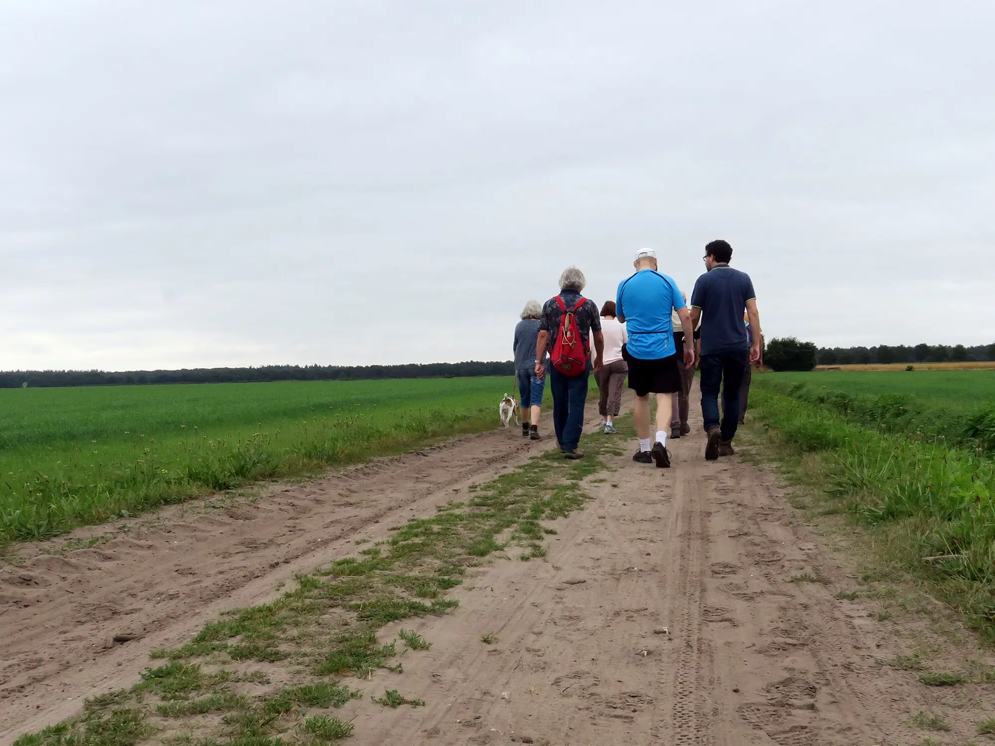 Groep wandelaars op een landelijk zandpad
